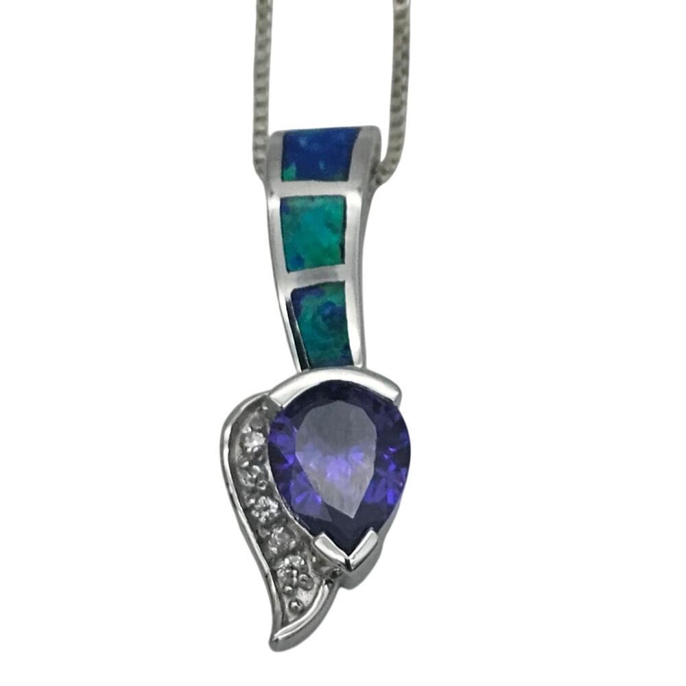 Sterling Silver 925 Inlay Fire Blue Opal Amethyst Necklace Pendant Chain